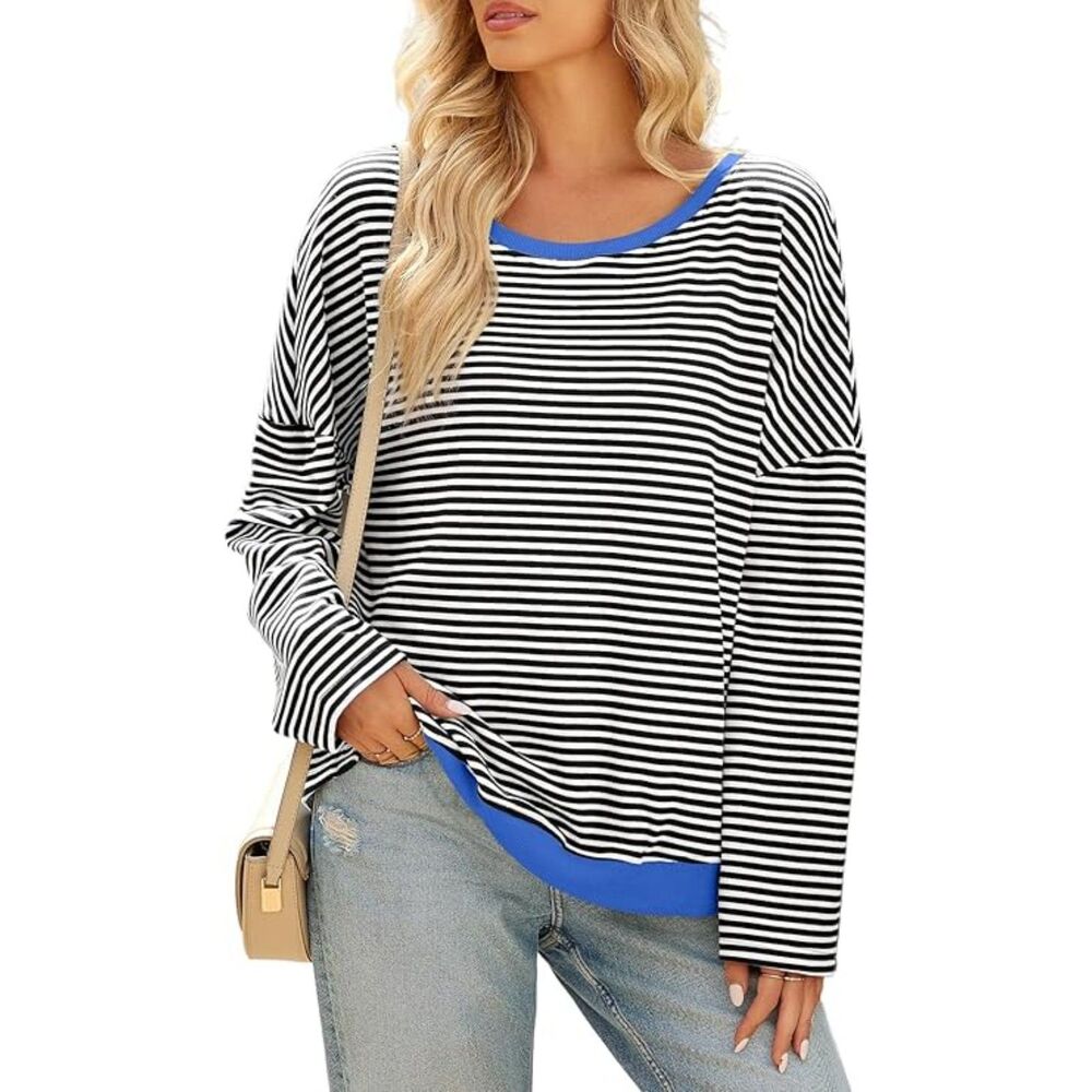 Long Sleeve Shirts Oversized Crewneck Striped Pullover Shirt, Small, 12H-190T003